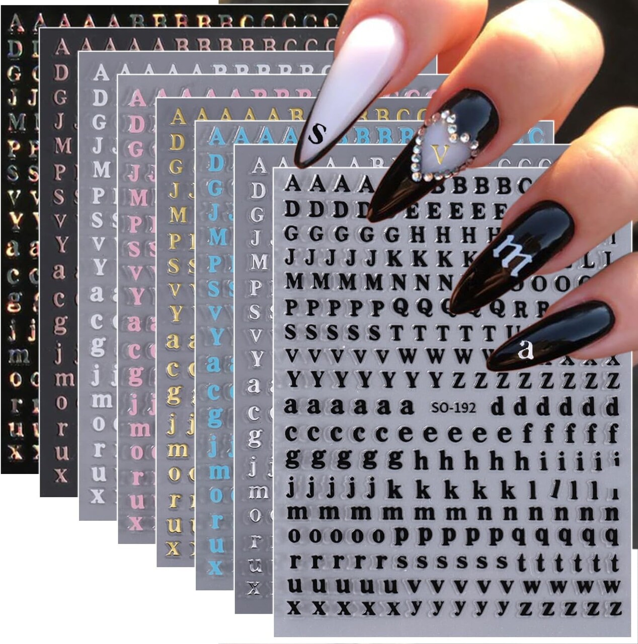 8 Sheets Letter Nail Stickers Gold Silver English (Gold Silver Black White Blue Pink)